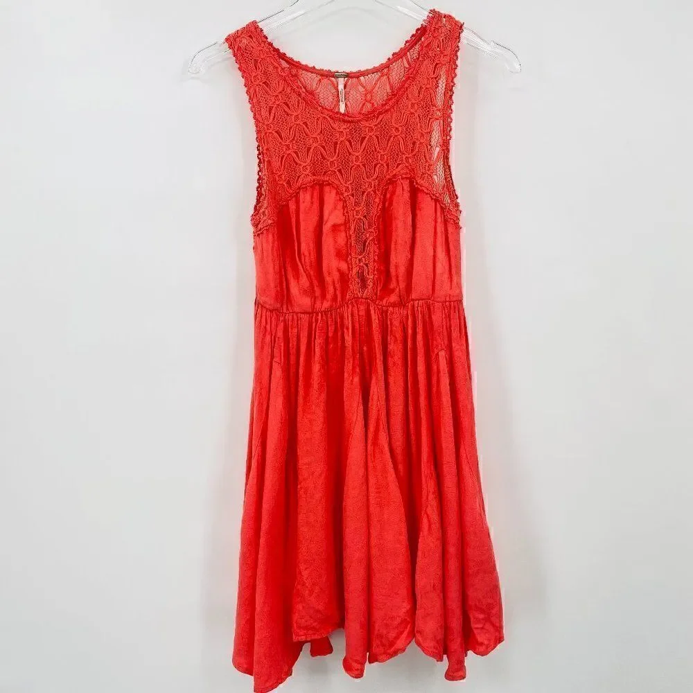 Free People Size XS Fiesta Coral Pink Crochet Lace Boho Sleeveless Mini Dress